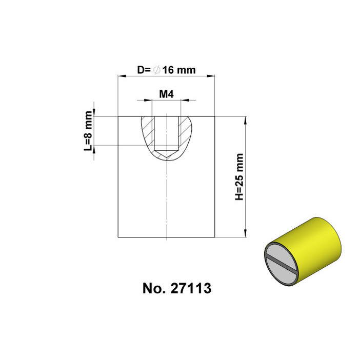 Henger alakú mágneses lencse, belső menettel sárgarézből – tolerancia h6, 16 x 25  mm-es átm x magasság,  belső menettel M4,mene